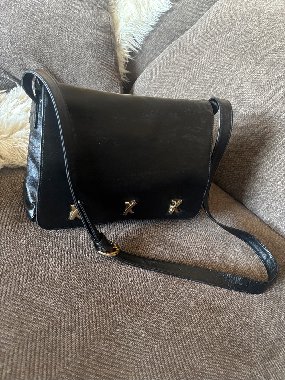 Paloma Picasso vintage Black Leather Crossbody Bag with Gold Accent